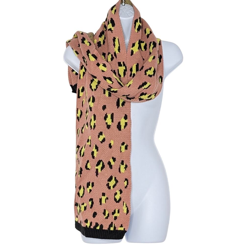 French Connection Leopard Print Knit Scarf In Pink Yellow Black NEW - Picture 3 of 10